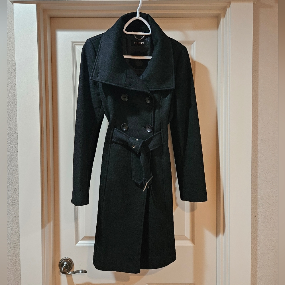 Guess Double Breast Wool Blend Coat Heavyweight Funnel Neck Belt Siz 6 Black EUC